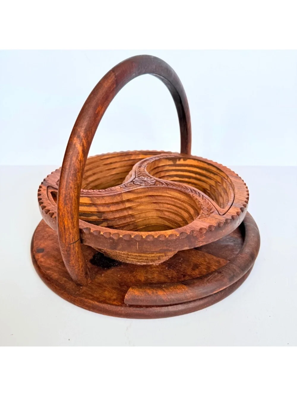 Whimsical Cottagecore Wooden Paisley Collapsible Trivet Fruit & Nut Basket Bowl